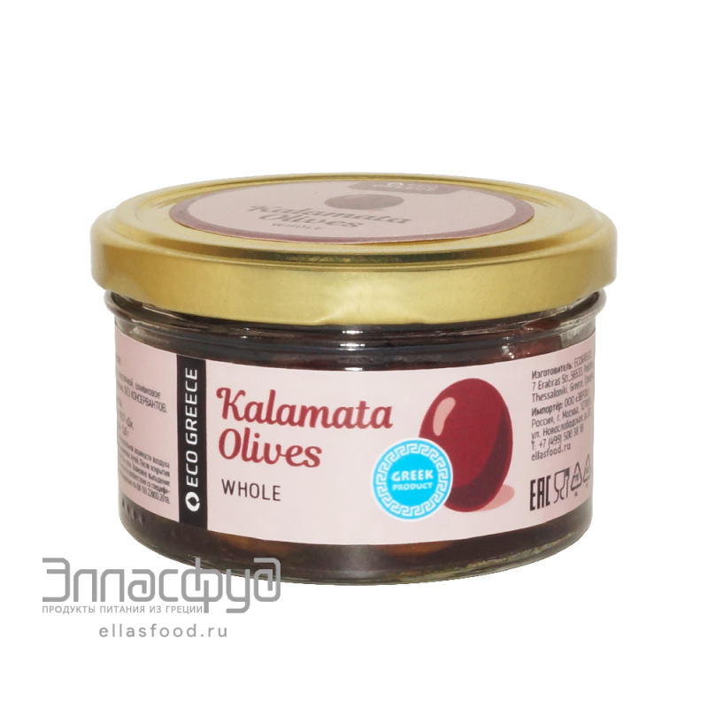 Оливки Каламата L с косточкой с добавлением оливкового масла EcoGreece, Греция, 100г ст. банка